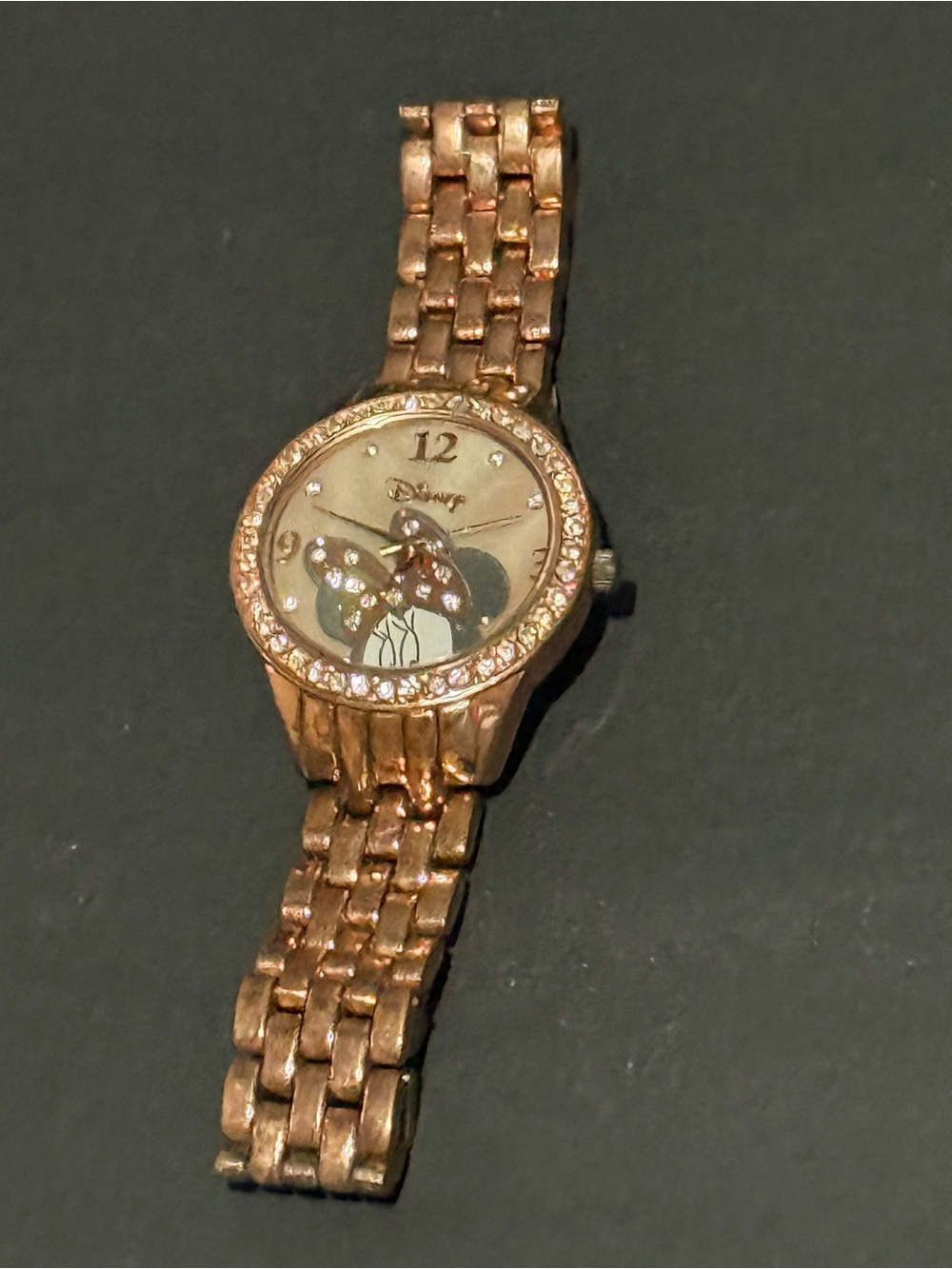 Disney Womens Watch Minnie Mouse MOP Dial Rose Gold Tone Rhinestone Bezel READ